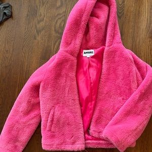 Pink faux fur apparis jacket with hood